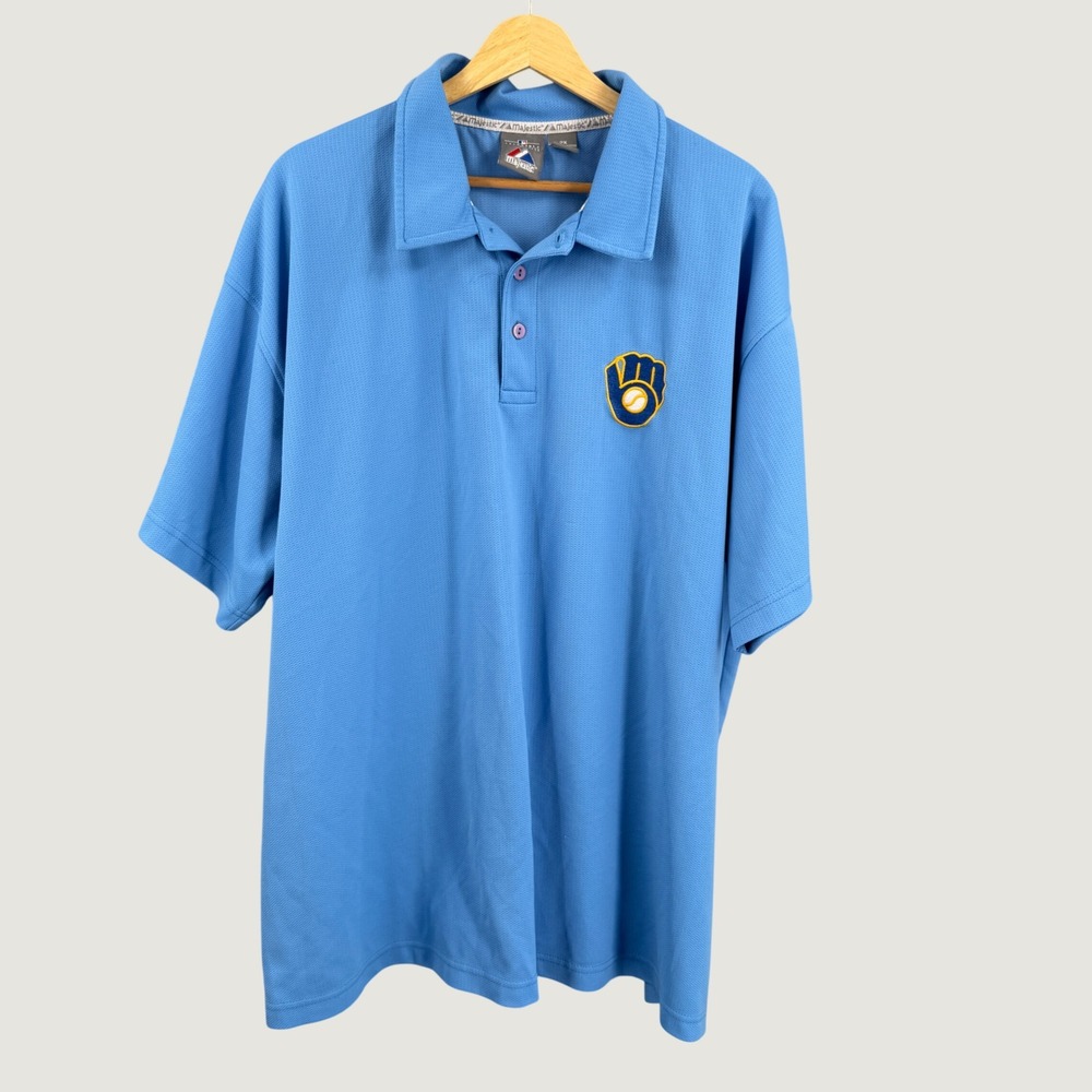 Milwaukee Brewers Polo Shirt Size 2X Majestic Blue MLB Baseball Short Sleeve